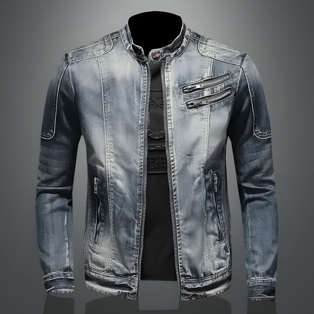 Heren Retro Spijkerjas in bikerstijl, blauw denim, met ritsen en kraag. Ideaal voor casual mannenmode.