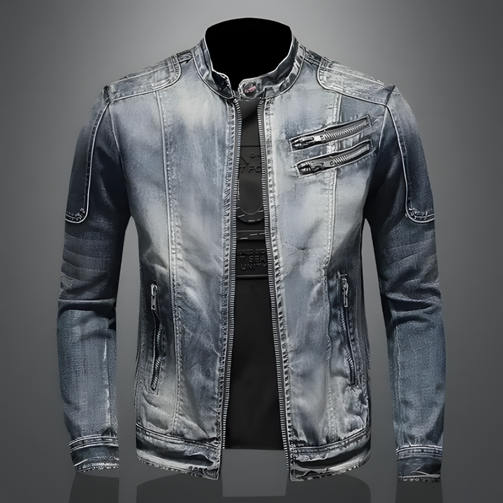 Heren Retro Spijkerjas in bikerstijl, blauw denim, met ritsen en kraag. Ideaal voor casual mannenmode.