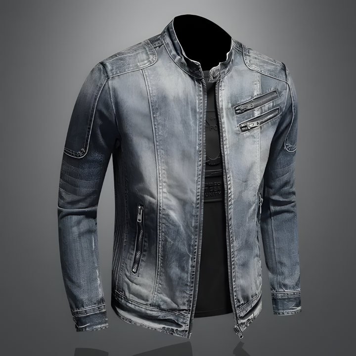 Bikerjack voor heren, retro spijkerstof. Deze stoere denim zomerjas is perfect voor een casual look.