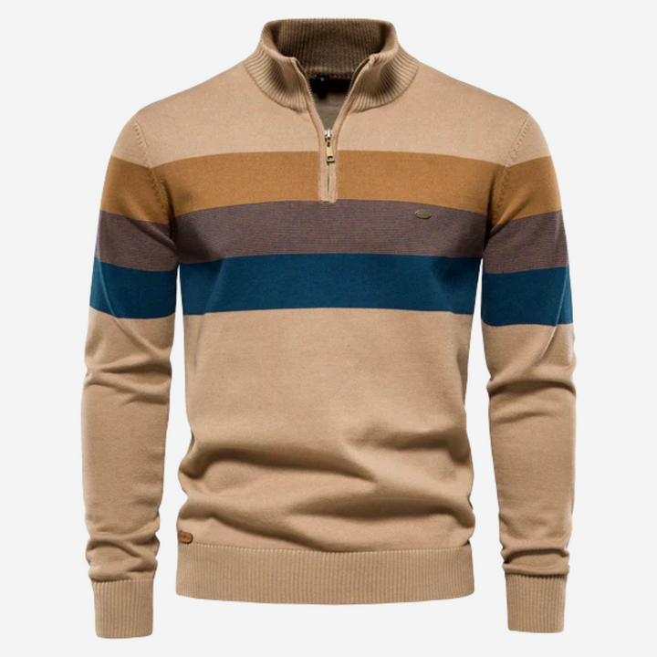 Heren retro strepen pullover met rits en kraagje. Comfortabele trui voor casual winterstijl en dagelijksekleding.