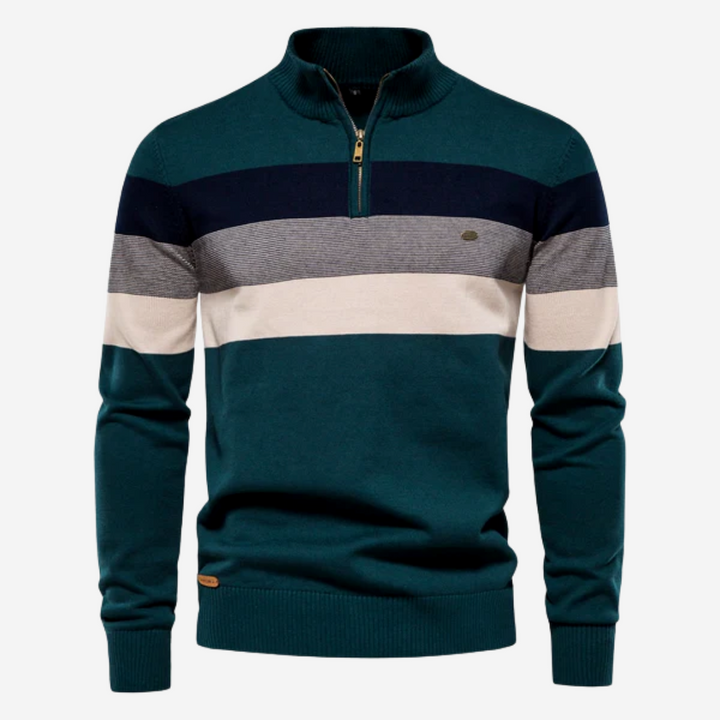 Stijlvolle heren strepentrui in retromode met ritsdetail en kraagje. Comfortabele herenpullover voor de winter.