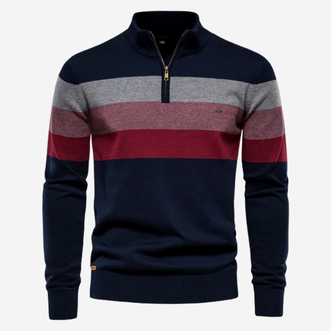 Warme heren kraagpullover met retro strepen en rits. Ideaal voor casualmode en comfortabele winteroutfits.
