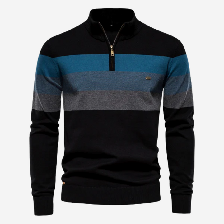 Trendy heren trui met retro strepen, kraagje en rits. Perfecte winterstijl voor dagelijkse, comfortabele outfits.