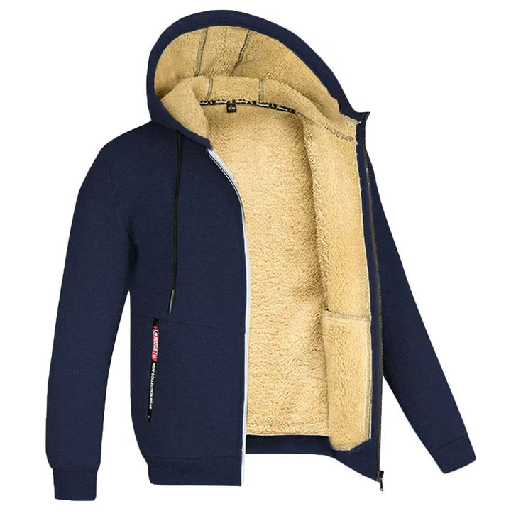 Herfstkleding: blauwe heren hoodie met rits en capuchon, comfortabele regular fit voor buiten.