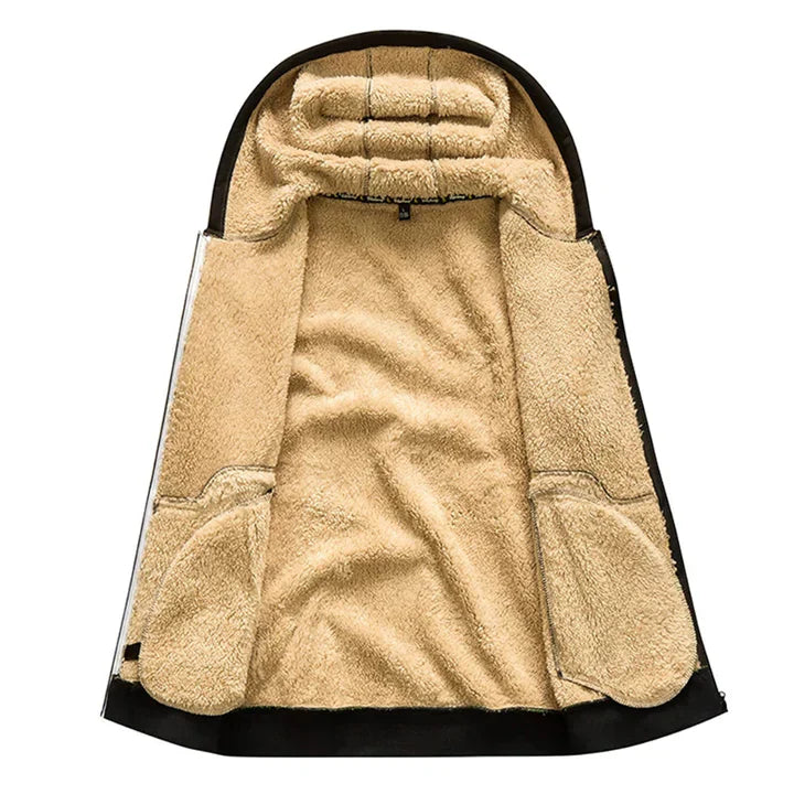 Close-up van de rits en capuchon van een comfortabele heren hoodie, detail van de stof.