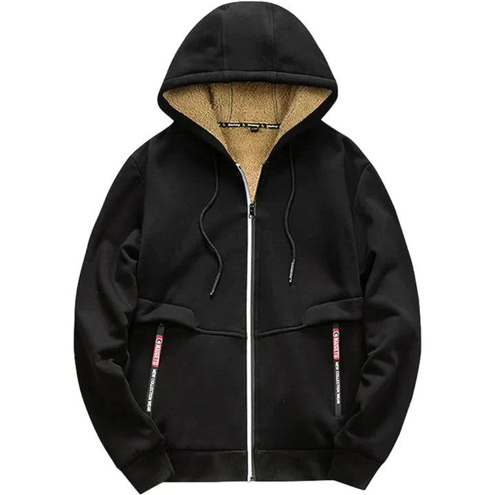 Comfortabele heren hoodie met rits, praktische capuchon en zakken; casual en functioneel.