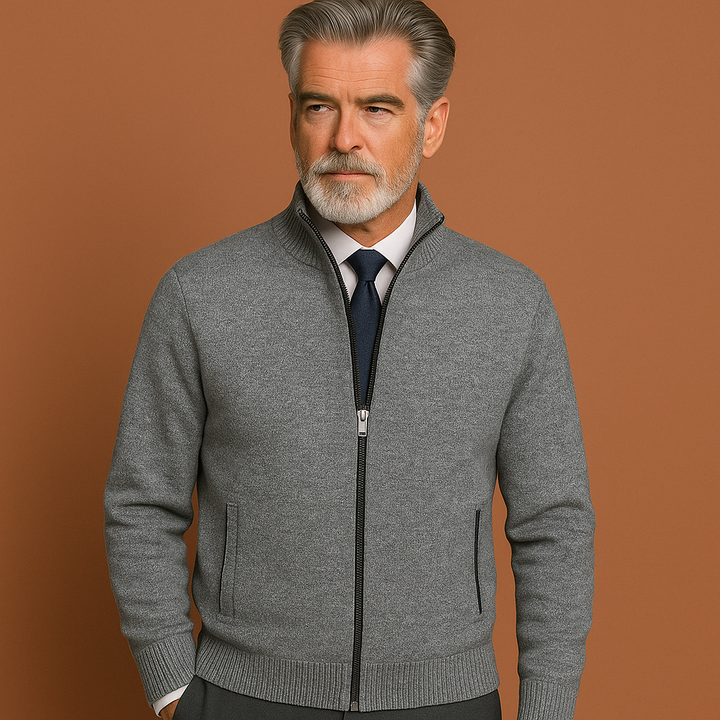 Stijlvol grijs heren vest met volledige rits en opstaande kraag. Ideaal als casual bovenkleding.