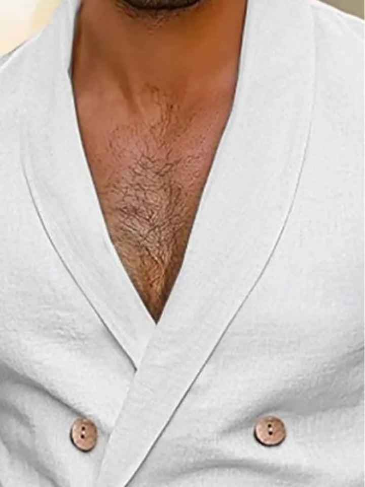 Casual chique herenblazer met houten knopen, perfect voor smart casual lentemode.