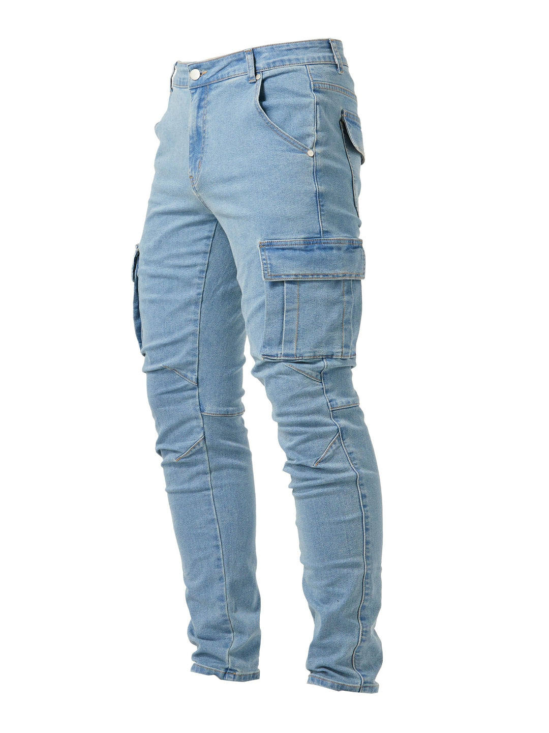 "Heren slim fit cargo jeans met stretch, meerdere zakken, casual street style, getoond van voren op een model"