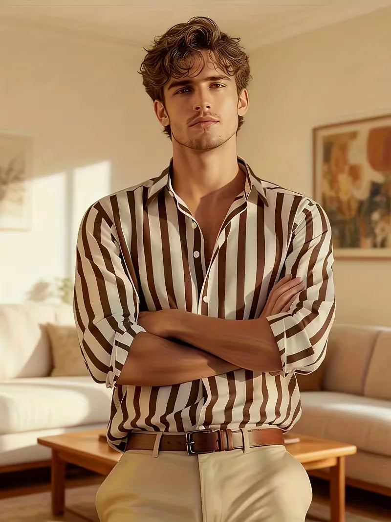 Stijlvol heren overhemd, bruin-wit gestreept met V-hals. Slim fit, ideaal voor een smart casual zomeroutfit.
