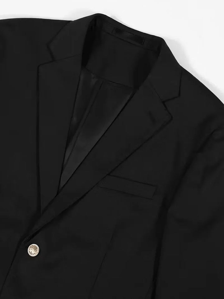 Marineblauw slim fit heren blazer met elegante gouden knopen, perfect voor een stijlvolle bruiloft outfit.