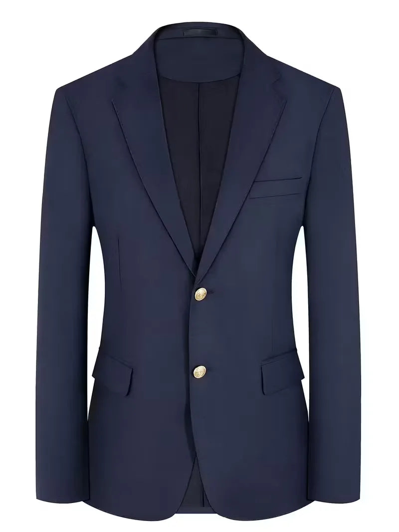 Getailleerd heren slim fit blazer met gouden knopen; perfecte formele kleding voor elke gelegenheid.
