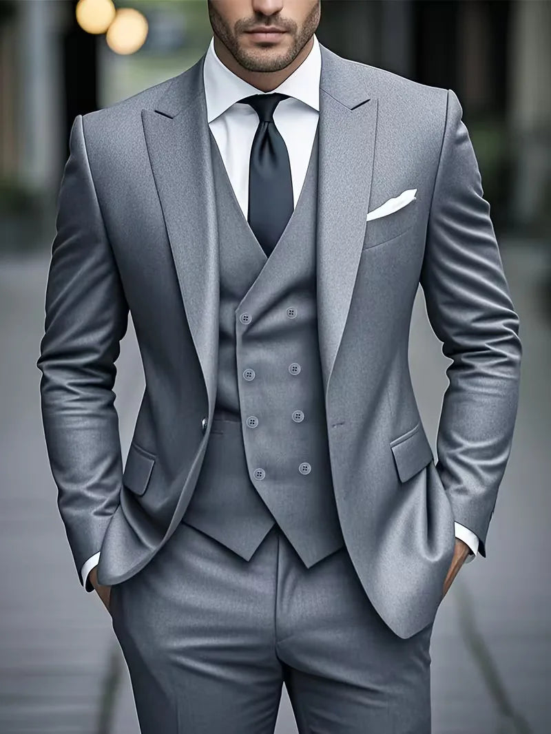 Heren slim fit driedelig pak; elegant donkerblauw kostuum voor zakelijke bijeenkomsten en feesten.