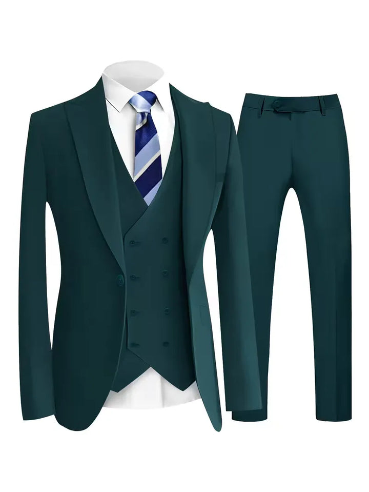 Elegant slim fit herenpak; compleet driedelig voor bruiloften en speciale momenten.