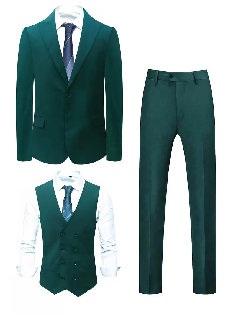 Tijdloos driedelig slimfit pak voor heren; veelzijdig en stijlvol, perfect voor elke gelegenheid.