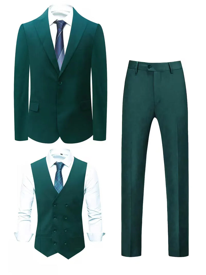 Tijdloos driedelig slimfit pak voor heren; veelzijdig en stijlvol, perfect voor elke gelegenheid.