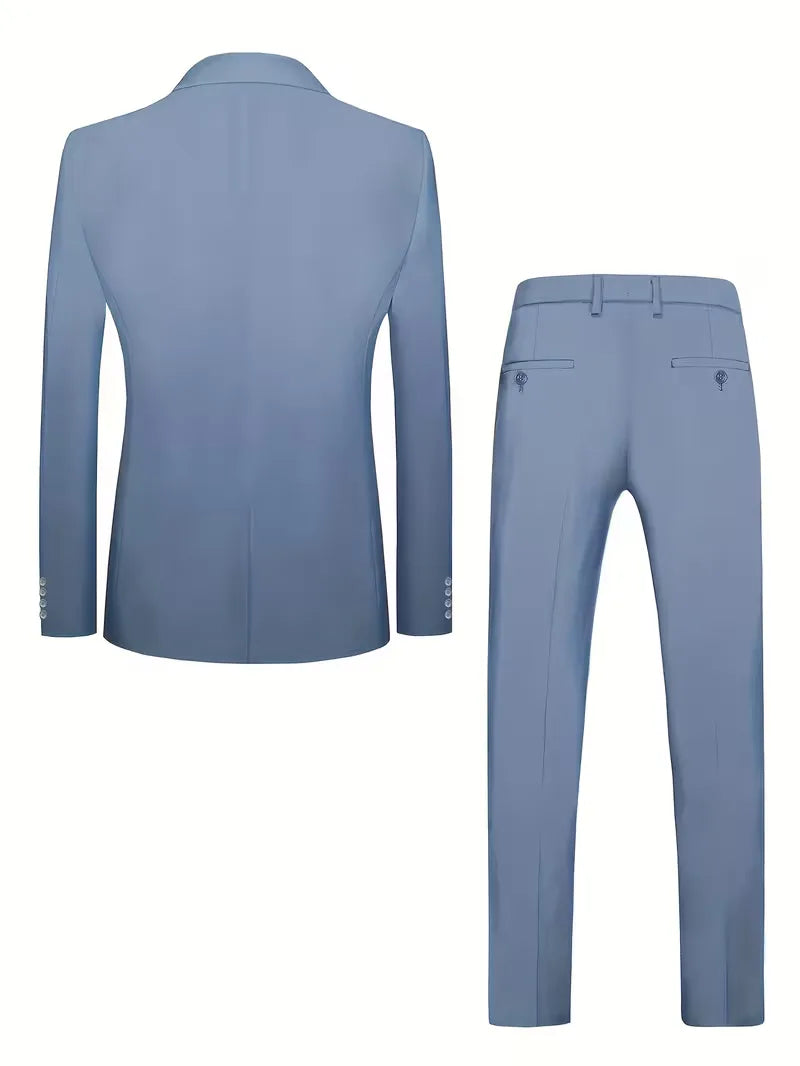 Formeel driedelig herenpak; slim fit pasvorm die perfect aansluit voor een scherpe silhouette.