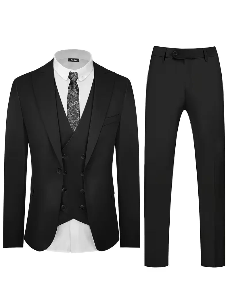 Gekleed driedelig slimfit herenpak; voor een onvergetelijke indruk bij elke formele gelegenheid.