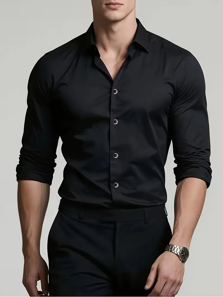 Blauw slim fit herenoverhemd met mandarijnkraag, een chique toevoeging aan uw zakelijke garderobe.
