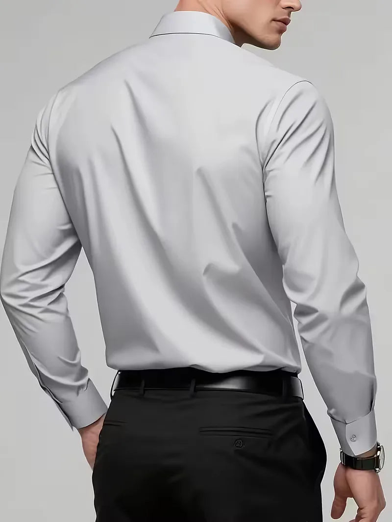 Zwart elegant slim fit overhemd met mandarijnkraag, perfect voor avondkleding of formele events.