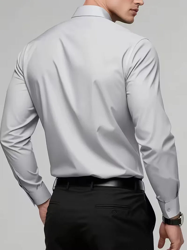 Zwart elegant slim fit overhemd met mandarijnkraag, perfect voor avondkleding of formele events.