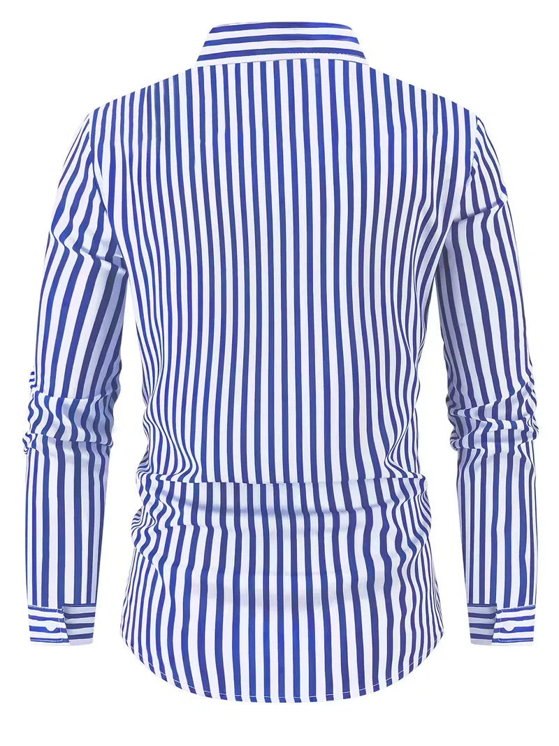 Nette herenmode: slim fit overhemd met fijne verticale strepen, ideaal voor kantoor of diner.