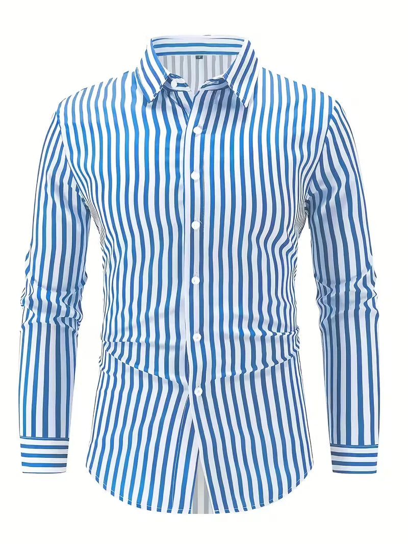 Wit heren overhemd met blauwe verticale strepen, slim fit, ideaal voor smart casual.