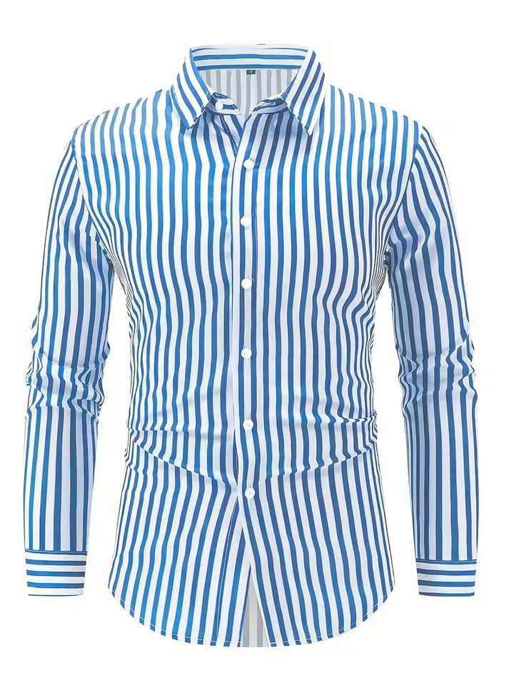 Wit heren overhemd met blauwe verticale strepen, slim fit, ideaal voor smart casual.