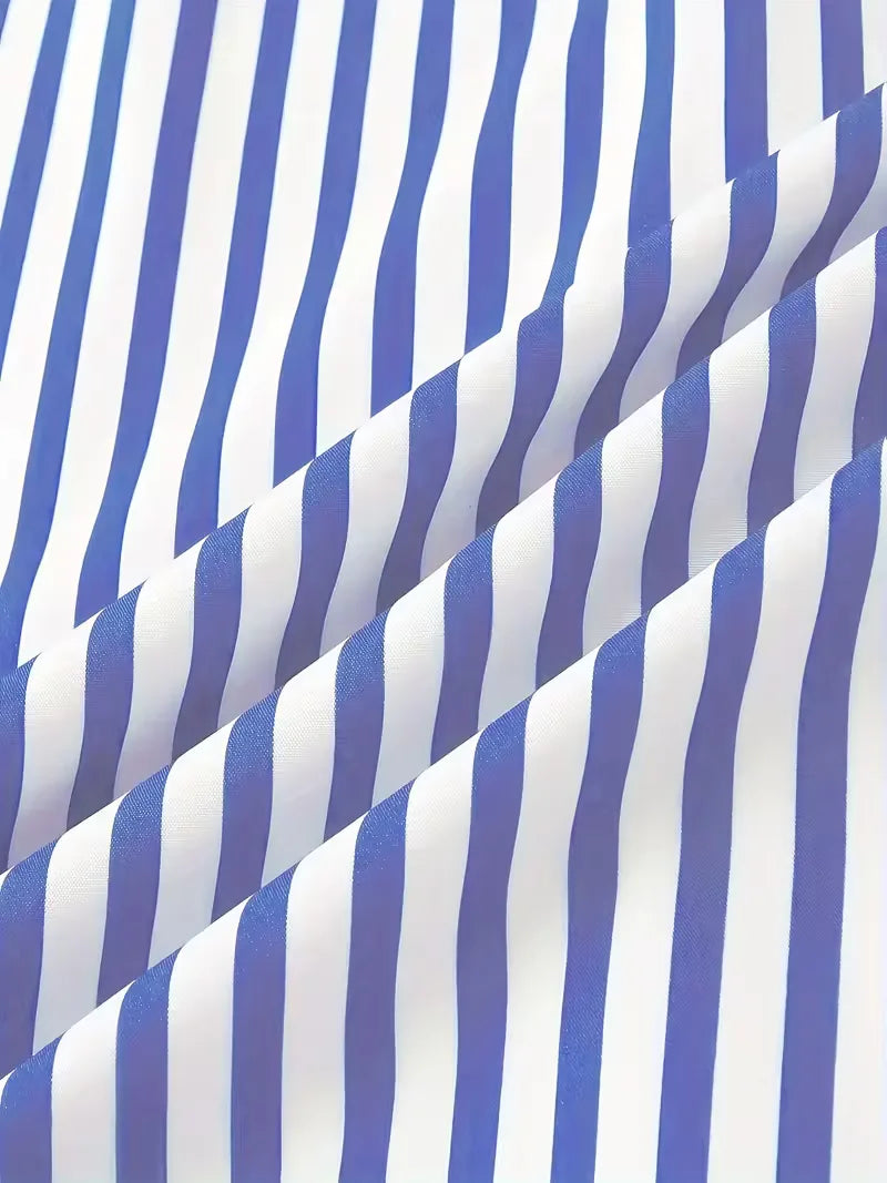 Zakelijk casual heren overhemd met verticale strepen, mandarijnkraag, comfortabel en stijlvol.