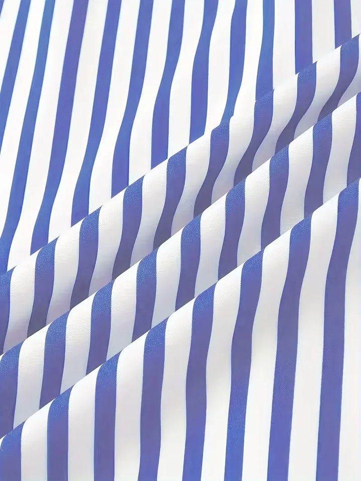 Zakelijk casual heren overhemd met verticale strepen, mandarijnkraag, comfortabel en stijlvol.
