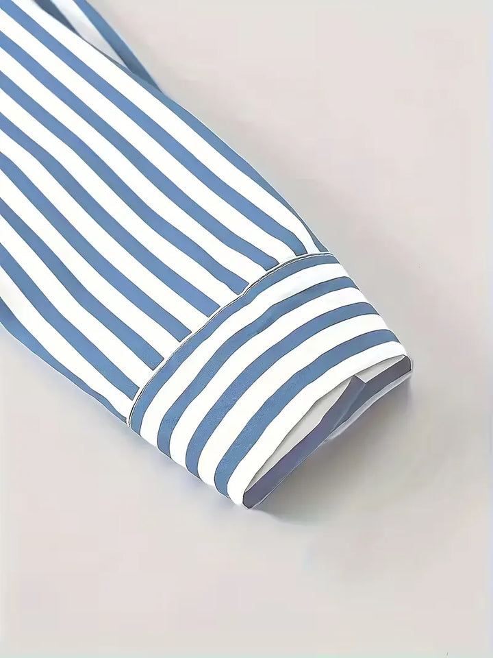 Modern heren overhemd met fijne verticale strepen, mandarijnkraag, perfect voor de lente.