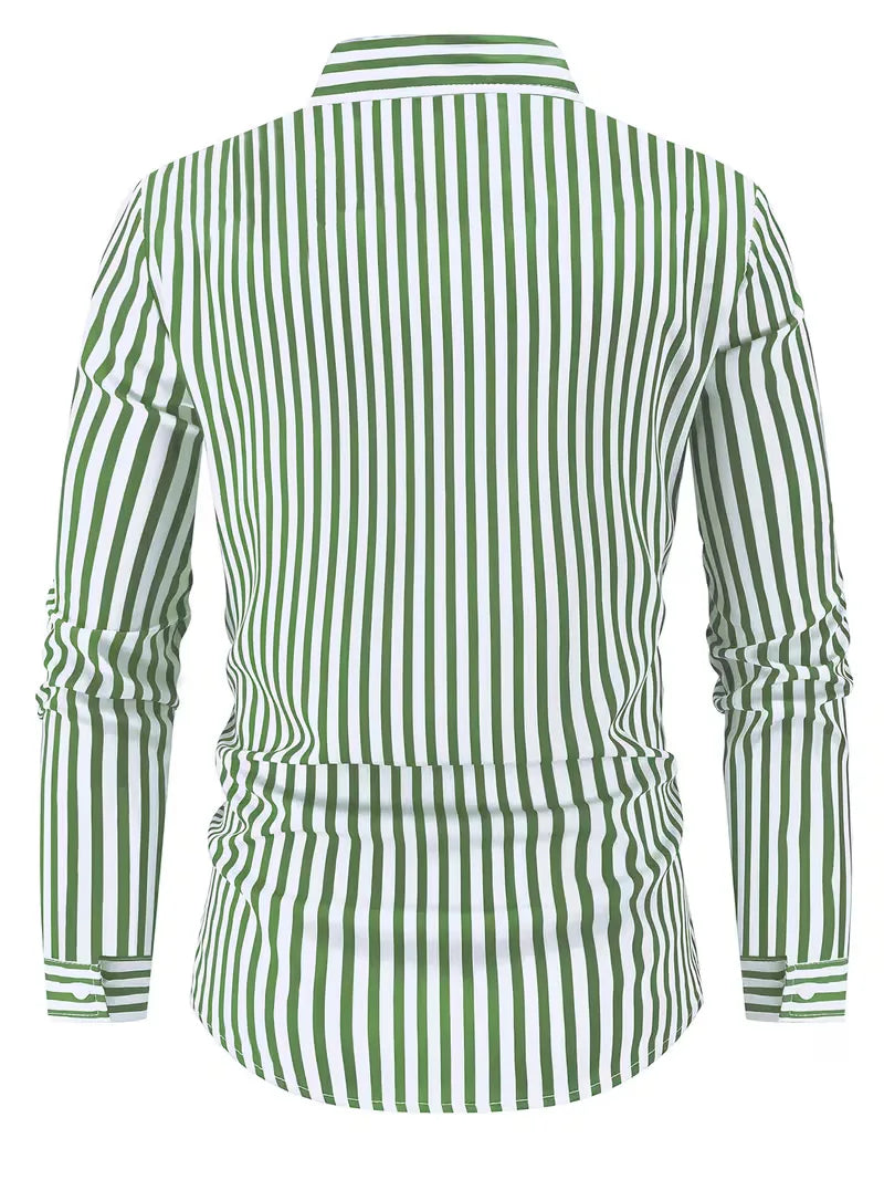 Nette herenmode: slim fit overhemd met verticale strepen, mandarijnkraag en moderne pasvorm.