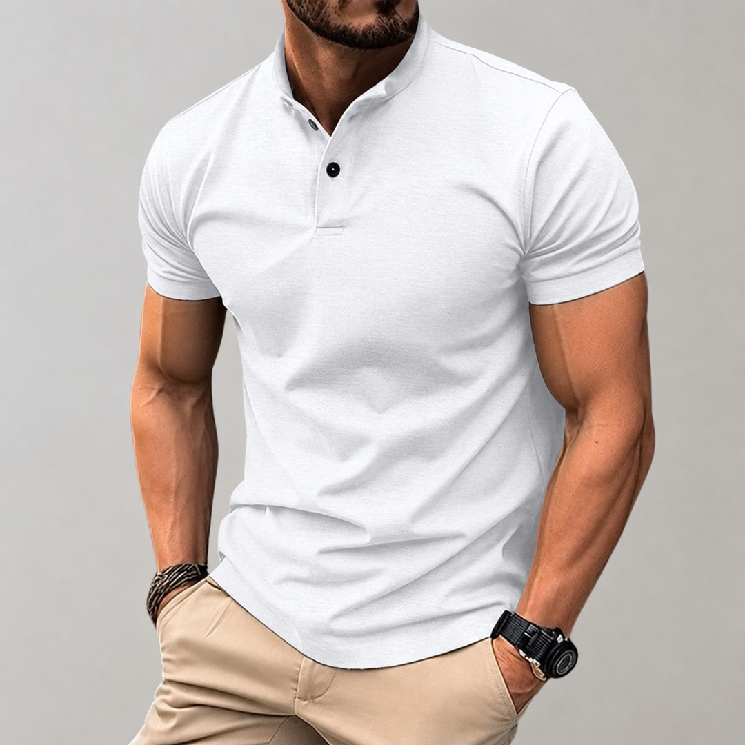 Slim-fit heren polo, ademend en comfortabel, met korte mouw, staande kraag en knoopsluiting, perfect voor zomer.