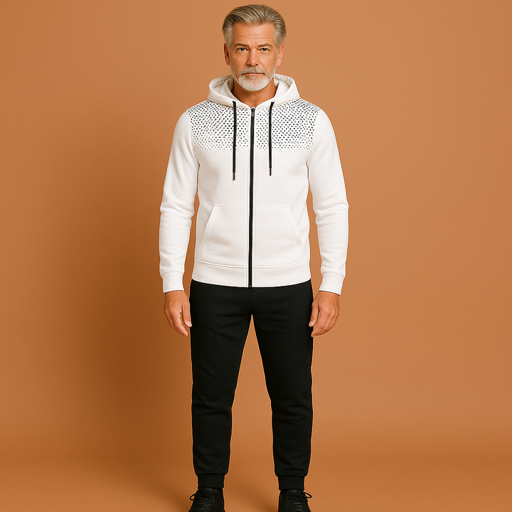 Heren trainingspak set met slim fit broek en hoodie, sportieve kleding voor mannen.