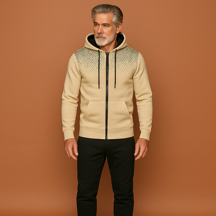 Actieve man draagt slim fit trainingspak, geschikt voor fitness, hardlopen of een casual look.