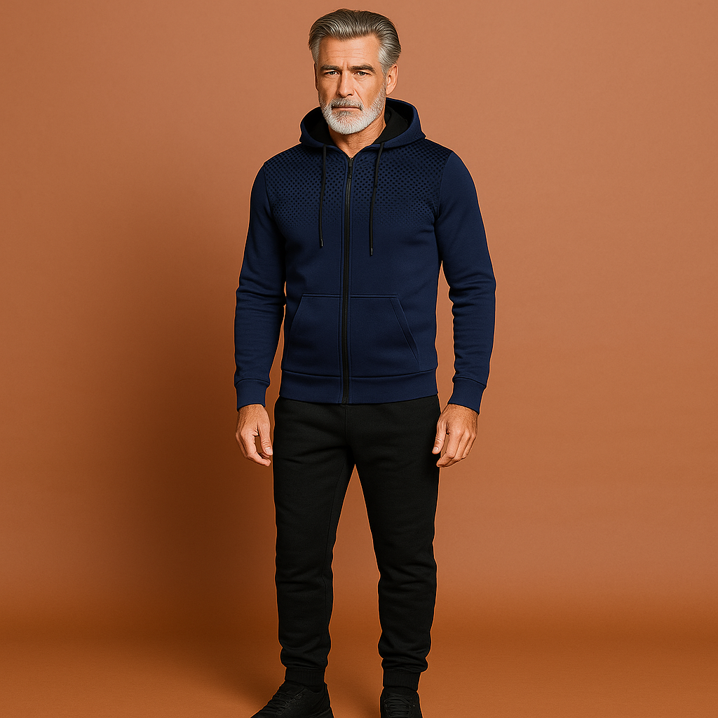 Detail van heren slim fit trainingspak stof, ademend en comfortabel materiaal voor optimale prestaties.
