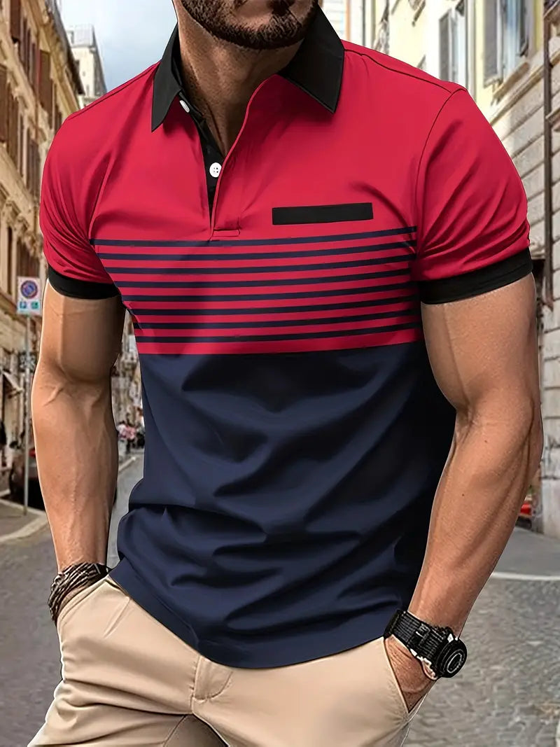 Heren slimfit polo T-shirt met blauwe en witte strepen, perfect voor een casual zomerlook.