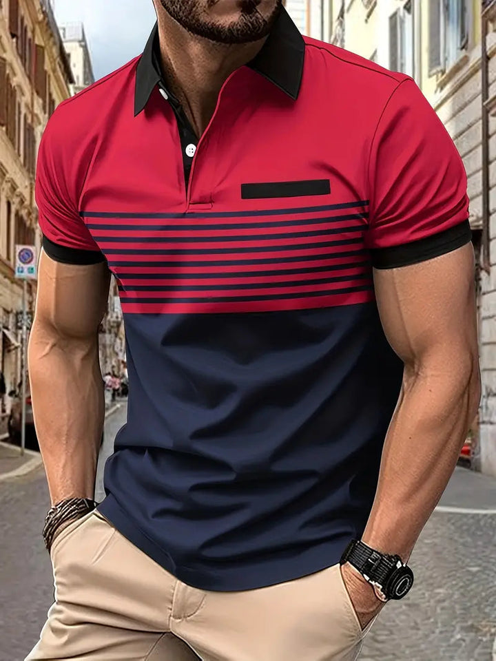 Heren slimfit polo T-shirt met blauwe en witte strepen, perfect voor een casual zomerlook.