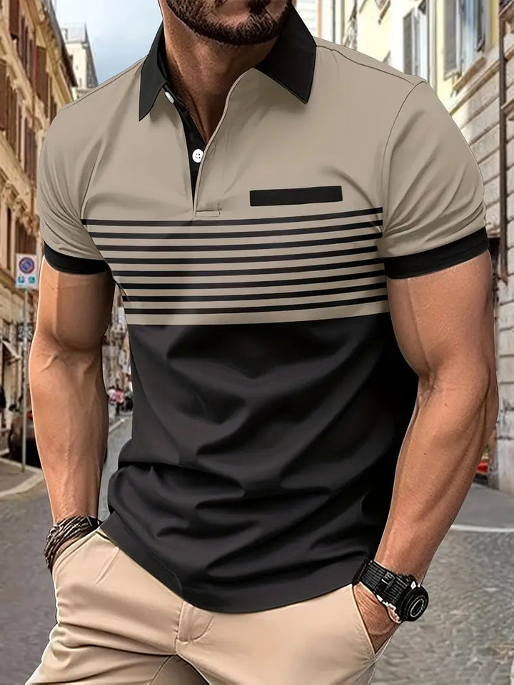 Sportief gestreept heren T-shirt, polokraag en korte mouwen, comfortabele pasvorm.