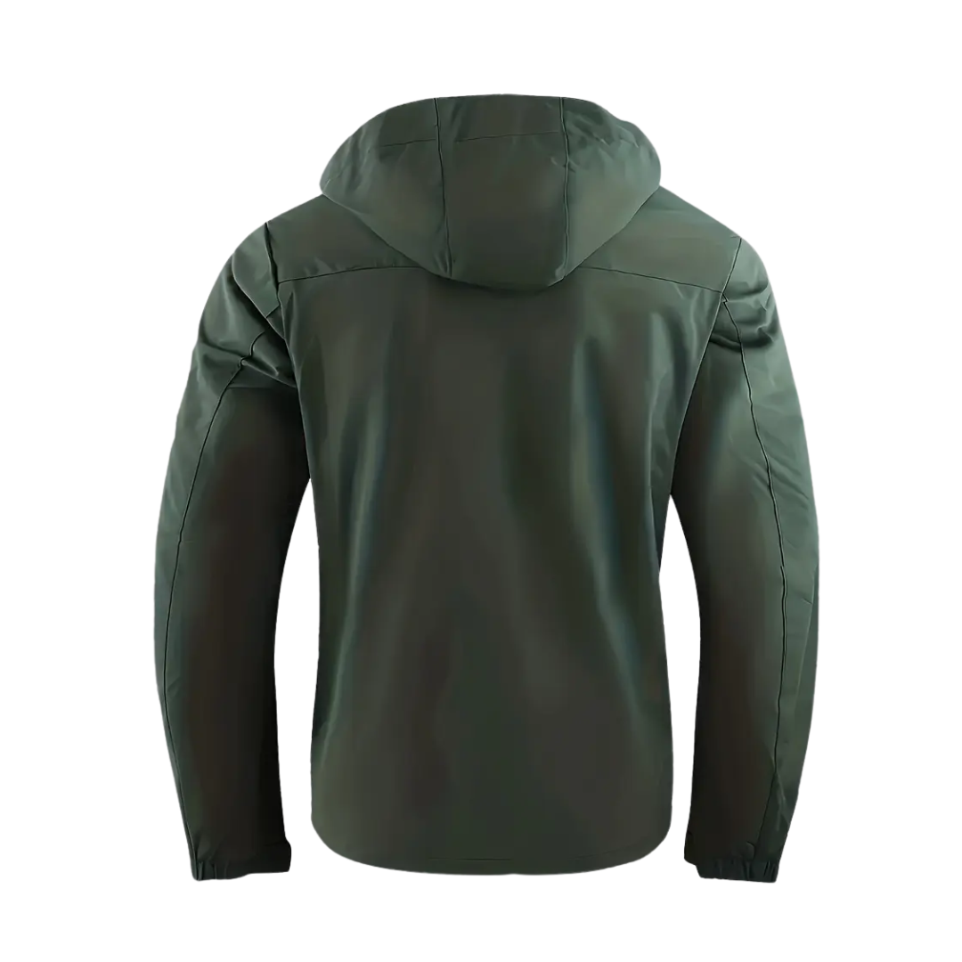 "Heren softshell outdoor jack, wind- en waterdicht, blauw met verstelbare capuchon, ideaal voor herfstwandelen."