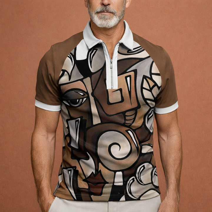 Heren spierfit polo met retro strepen en ritskraag, ideaal voor een trendy zomerstijl.