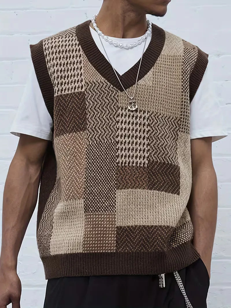 Heren sweater vest met trendy geometrisch patroon, ideaal voor een smart casual gelaagde look in de winter.