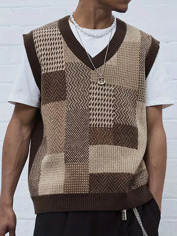 Heren sweater vest met trendy geometrisch patroon, ideaal voor een smart casual gelaagde look in de winter.