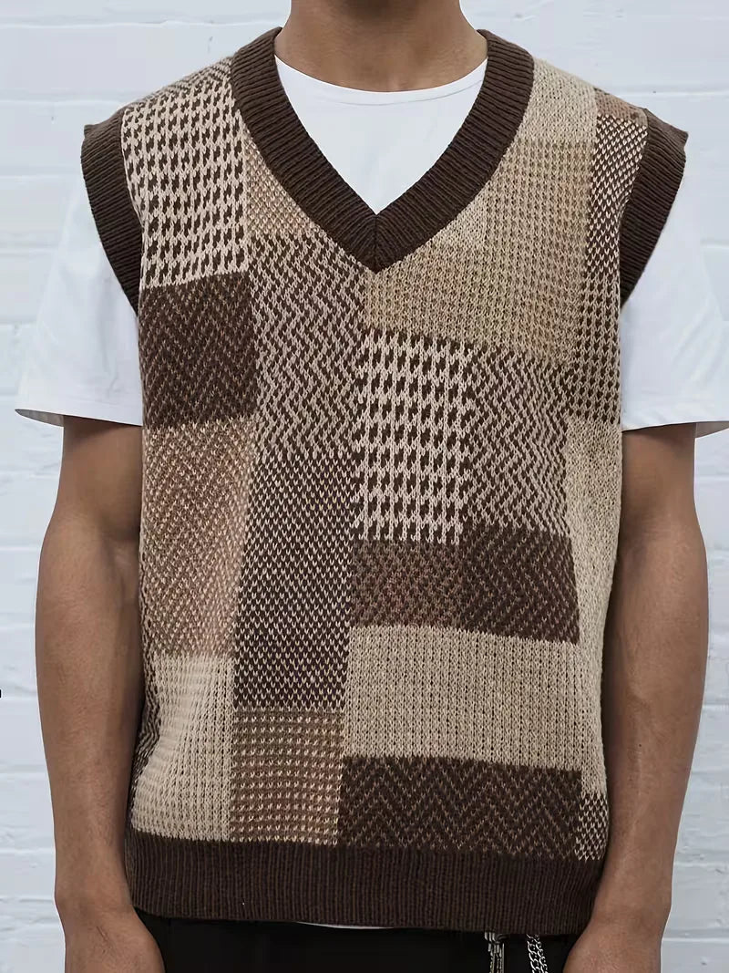 Modieus heren vest met trendy geometrisch patroon, veelzijdig te combineren voor een smart casual look.