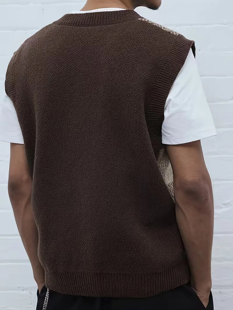Trendy heren sweater vest met geometrisch patroon, een essentieel item voor de winterse gelaagde look.