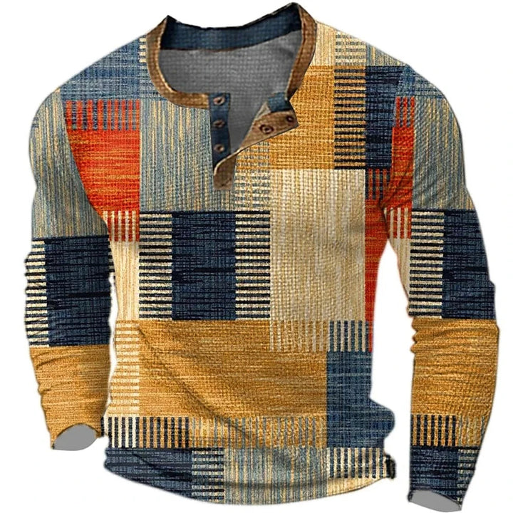 Heren sweatshirt met trendy patchwork design, comfortabele knoopkraag en lange mouwen voor een casual look.