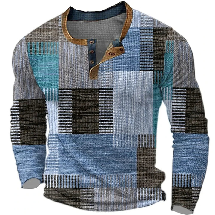 Casual heren sweatshirt met unieke patchwork look, knoopkraag en lange mouwen, perfect voor dagelijks comfort.
