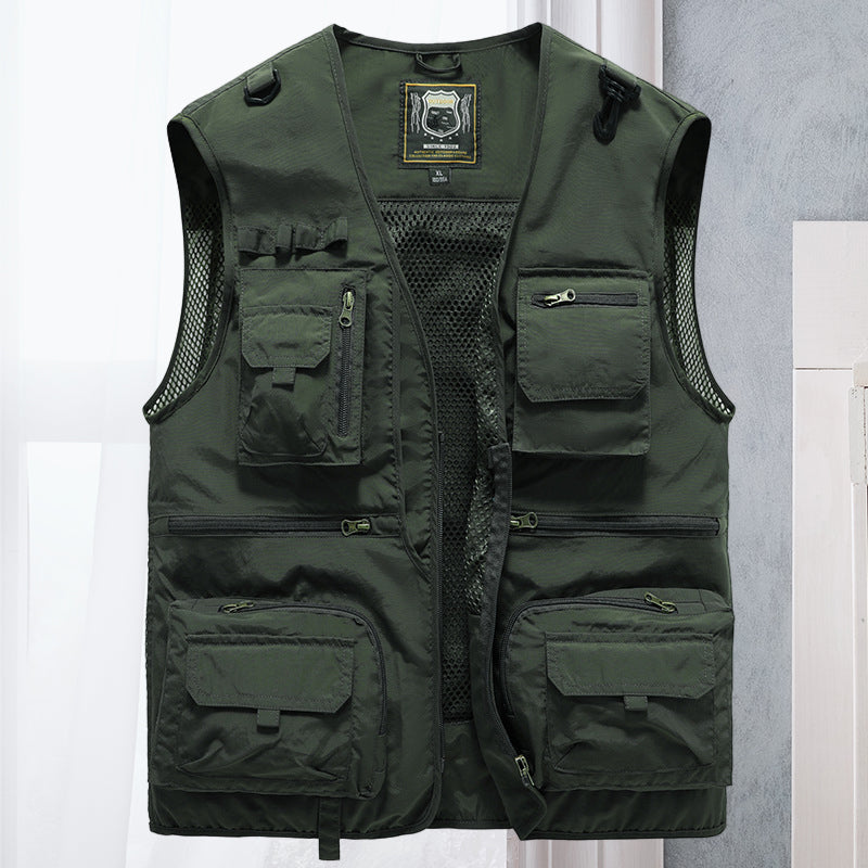 Stijlvol heren cargovest, zwart, met meerdere utility zakken, perfect voor een moderne lagenlook.