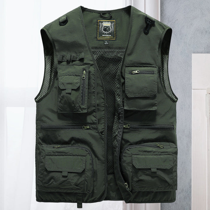 Stijlvol heren cargovest, zwart, met meerdere utility zakken, perfect voor een moderne lagenlook.