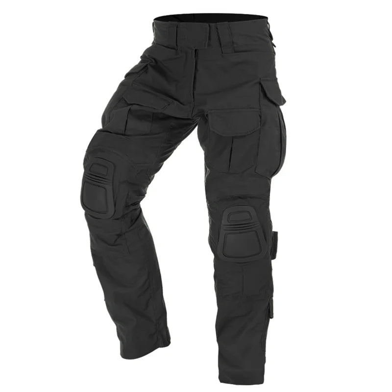 Functionele heren broek: tactische cargo met camouflagepatroon, versterkte knieën voor comfort en bescherming.